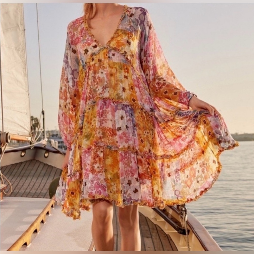 Johnny Was Renee Mini Dress 10% Silk Tiered Floral-Print Dress 2-piece